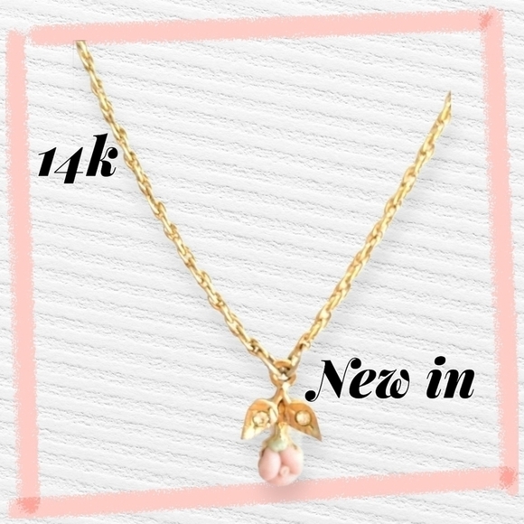 1928 Pink Ceramic Rose Pendant Gold Necklace - Picture 3 of 5